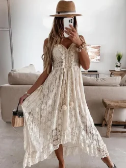 Lace Boho Long Slip Dress for Women - Tassel V Neck High Low Sundress- Summer Beach Vacation 2026