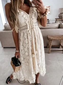 Lace Boho Long Slip Dress for Women - Tassel V Neck High Low Sundress- Summer Beach Vacation 2026