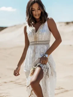 Lace Boho Maxi Dress For Women - Chic V Neck Sleeveless Hollow Out Sundress - Summer Beach Vacation 2026