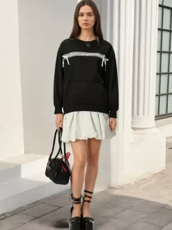 Lace Bow Crew Neck Oversized Sweatshirt Front Kangaroo Pocket Long Sleeve Pullover