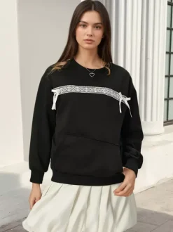 Lace Bow Crew Neck Oversized Sweatshirt Front Kangaroo Pocket Long Sleeve Pullover