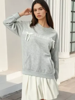 Lace Bow Crew Neck Oversized Sweatshirt Front Kangaroo Pocket Long Sleeve Pullover