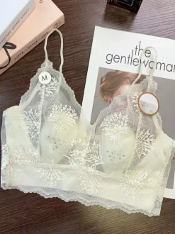 Lace Bralette Crop Top Wireless Sheer Lingerie With Thin Straps