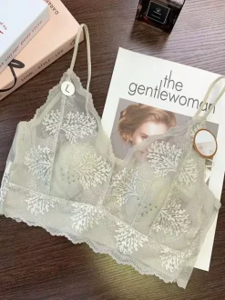 Lace Bralette Crop Top Wireless Sheer Lingerie With Thin Straps