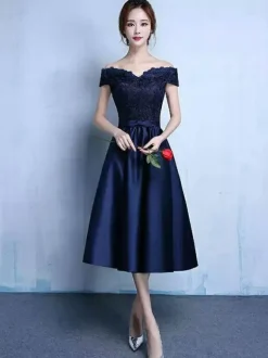 Lace Cocktail Dress Off The Shoulder Prom Dress Dazzling Blue Satin Sweetheart A Line Tea Length Graduation Dress With Bow Sash wedding guest dress