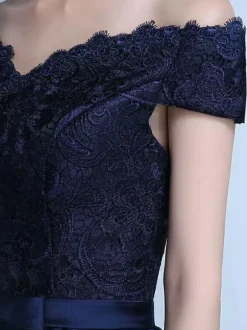 Lace Cocktail Dress Off The Shoulder Prom Dress Dazzling Blue Satin Sweetheart A Line Tea Length Graduation Dress With Bow Sash wedding guest dress