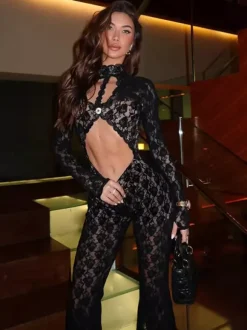 Lace Cut Out Bodysuit For Women - Black Gothic Open Back Floral Sheer Flare Romper - Spring Night Out Party Clubwear 2026