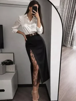 Lace Inner Front Slit High Waist Straight Midi Skirt