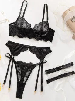 Lace Lingerie Black Lace Garter Bra Panty 4-Piece Sets