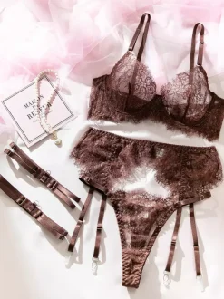 Lace Lingerie Brown Garter Bra Panty 3-Piece Sets