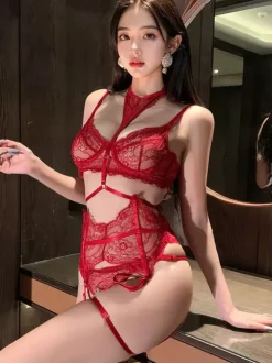 Lace Lingerie Red Purple Halter Neck Sheer Mesh 3-Piece Bra Panty Sets