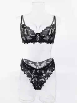 Lace Lingerie Ruffled Cut Out Black 2-Piece Bra Panty Sets