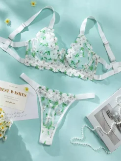 Lace Lingerie Sheer Floral Print Green 2-Piece Bra Panty Sets