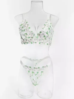 Lace Lingerie Sheer Floral Print Green 2-Piece Bra Panty Sets