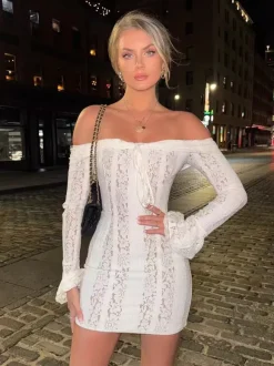 Lace Off Shoulder Long Sleeve Flare Cuff Bodycon Mini Dress For Women 2026