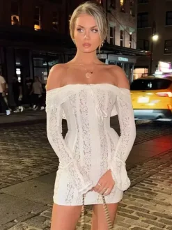 Lace Off Shoulder Long Sleeve Flare Cuff Bodycon Mini Dress For Women 2026
