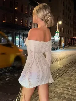 Lace Off Shoulder Long Sleeve Flare Cuff Bodycon Mini Dress For Women 2026