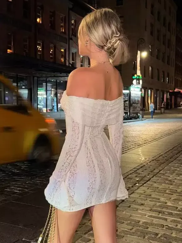 Lace Off Shoulder Long Sleeve Flare Cuff Bodycon Mini Dress For Women 2026