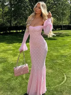 Lace Off Shoulder Maxi Dress For Women - Elegant Trumpet Long Sleeves Mermaid Gown - Spring Formal Evening Party 2026