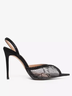 Lace Party Shoes Peep Toe Black Rhinestones Slingback High Heel Party Shoes