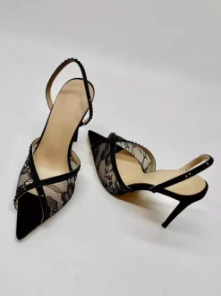 Lace Party Shoes Peep Toe Black Rhinestones Slingback High Heel Party Shoes
