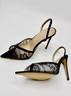 Lace Party Shoes Peep Toe Black Rhinestones Slingback High Heel Party Shoes