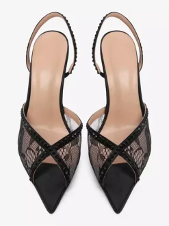 Lace Party Shoes Peep Toe Black Rhinestones Slingback High Heel Party Shoes