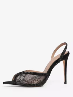 Lace Party Shoes Peep Toe Black Rhinestones Slingback High Heel Party Shoes