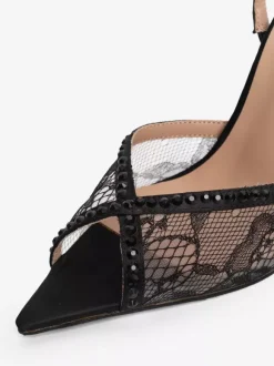 Lace Party Shoes Peep Toe Black Rhinestones Slingback High Heel Party Shoes
