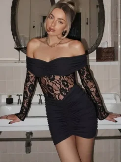 Lace Patchwork Bodycon Dress For Women - Off Shoulder Long Sleeve Ruched Sexy Mini Gown - Spring Night Out Clubwear 2026
