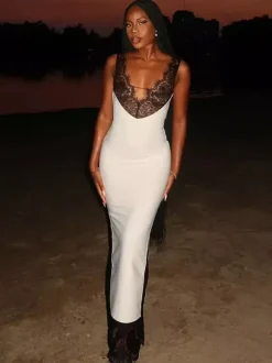 Lace Patchwork Maxi Dress For Women - Sexy V Neck Bodycon Baddie Sleeveless Gown - Summer Clubwear Party Night 2026