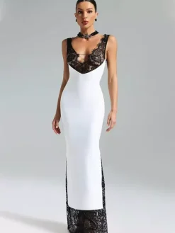 Lace Patchwork Maxi Dress For Women - Sexy V Neck Bodycon Baddie Sleeveless Gown - Summer Clubwear Party Night 2026