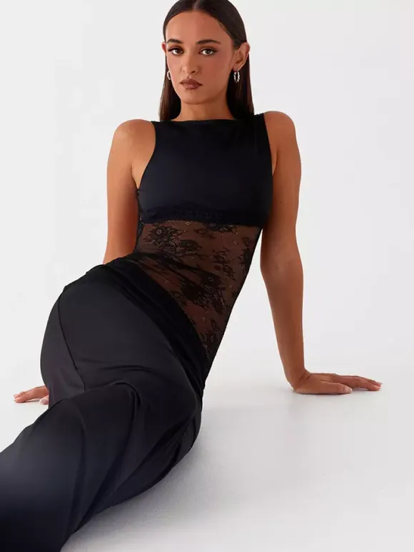 Lace Patchwork Maxi Gown For Women - Elegant Open Back Sleeveless Bodycon Long Dress - Summer Formal Evening Party 2026