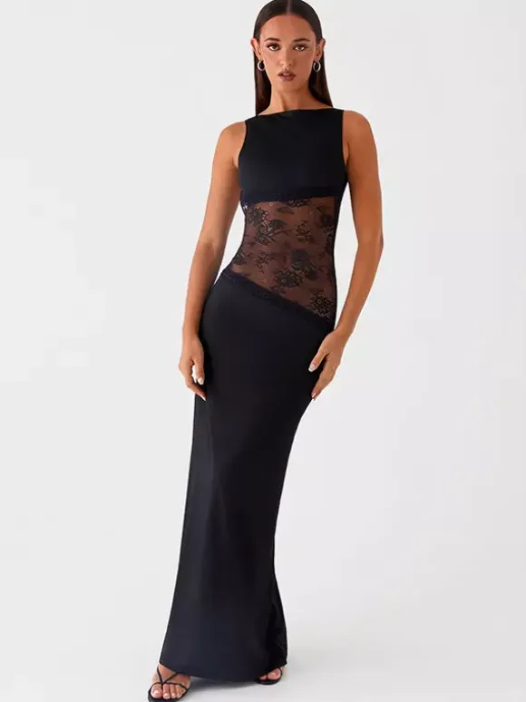 Lace Patchwork Maxi Gown For Women - Elegant Open Back Sleeveless Bodycon Long Dress - Summer Formal Evening Party 2026