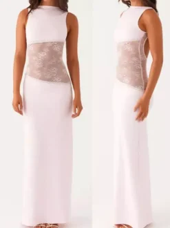 Lace Patchwork Maxi Gown For Women - Elegant Open Back Sleeveless Bodycon Long Dress - Summer Formal Evening Party 2026
