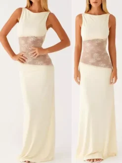 Lace Patchwork Maxi Gown For Women - Elegant Open Back Sleeveless Bodycon Long Dress - Summer Formal Evening Party 2026