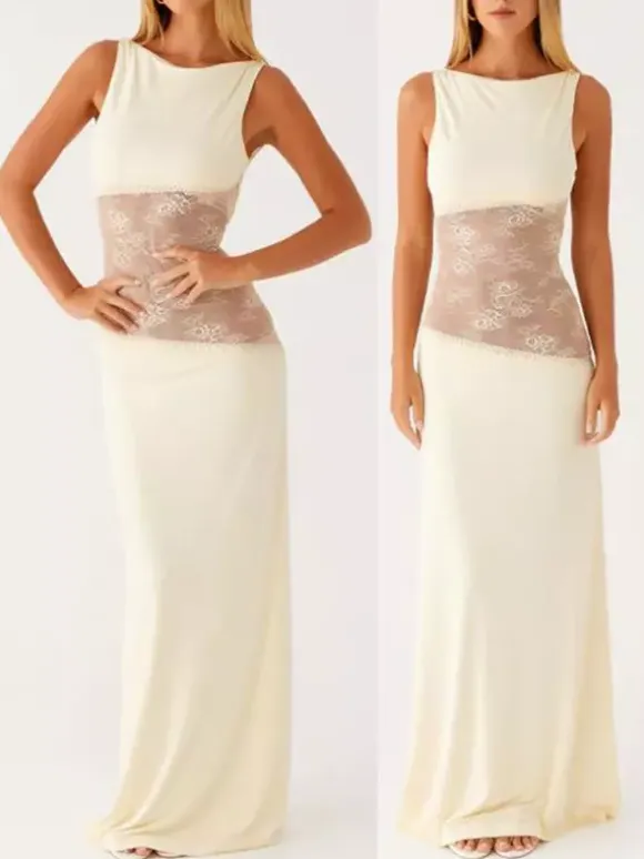 Lace Patchwork Maxi Gown For Women - Elegant Open Back Sleeveless Bodycon Long Dress - Summer Formal Evening Party 2026
