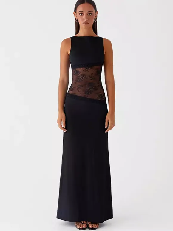 Lace Patchwork Maxi Gown For Women - Elegant Open Back Sleeveless Bodycon Long Dress - Summer Formal Evening Party 2026