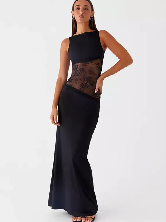 Lace Patchwork Maxi Gown For Women - Elegant Open Back Sleeveless Bodycon Long Dress - Summer Formal Evening Party 2026