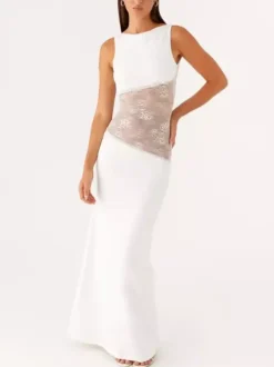 Lace Patchwork Maxi Gown For Women - Elegant Open Back Sleeveless Bodycon Long Dress - Summer Formal Evening Party 2026