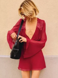 Lace Patchwork Mini Dress For Women - Deep V Neck Flare Sleeve Empire Waist Short Sundress - Spring Beach Date Night 2026