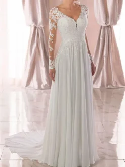 Lace Plus Size Wedding Dresses 2026 Chiffon V Neck A Line Long Sleeve Lace Applique Beach Wedding Bridal Dress With Train Free Customization