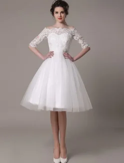 Lace Short Wedding Dresses 2026 Off-The-Shoulder A-Line Knee Length Rhinestone Bridal Dress Free Customization