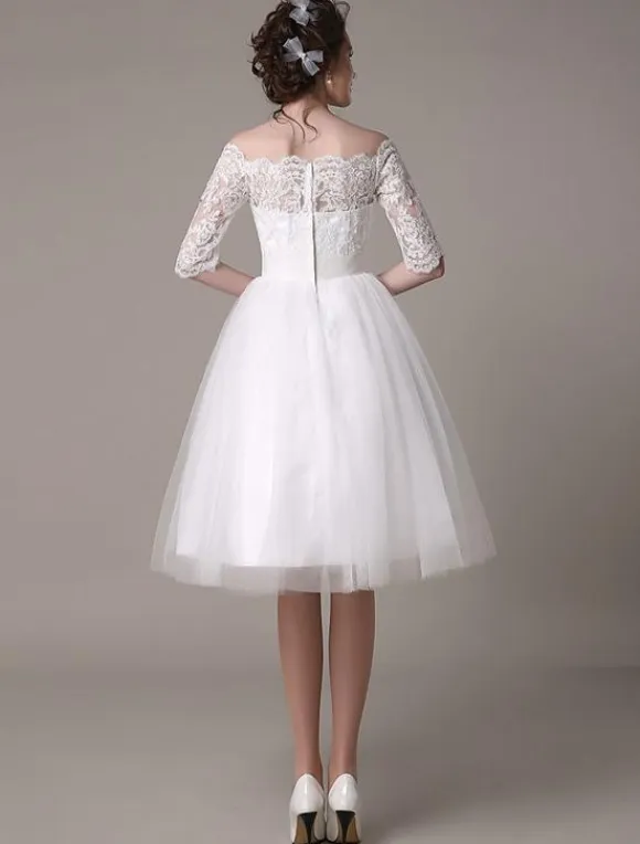 Lace Short Wedding Dresses 2026 Off-The-Shoulder A-Line Knee Length Rhinestone Bridal Dress Free Customization