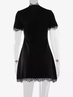 Lace Trim Keyhole Mini Dress For Women - Black Elegant High Neck Short Sleeve A-Line Dress - Spring Birthday Party 2026