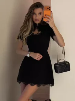 Lace Trim Keyhole Mini Dress For Women - Black Elegant High Neck Short Sleeve A-Line Dress - Spring Birthday Party 2026