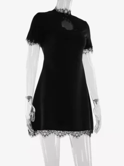 Lace Trim Keyhole Mini Dress For Women - Black Elegant High Neck Short Sleeve A-Line Dress - Spring Birthday Party 2026