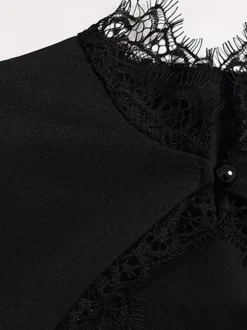 Lace Trim Keyhole Mini Dress For Women - Black Elegant High Neck Short Sleeve A-Line Dress - Spring Birthday Party 2026