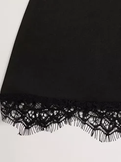 Lace Trim Keyhole Mini Dress For Women - Black Elegant High Neck Short Sleeve A-Line Dress - Spring Birthday Party 2026