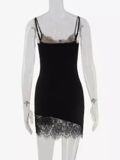 Lace Trim Slip Dress For Women - Black Y2K Aesthetic Sleeveless Bodycon Mini Dress - Summer Night Out Partywear 2026